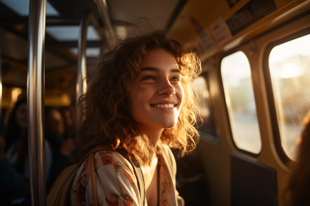 A youthful woman with a cheerful expression gripping a handle on a public bus.の素材