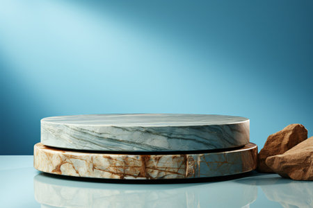 A damaged rock stand on a pale blue backdrop adorned with a lavish cloth. Room for displaying beauty items.の素材