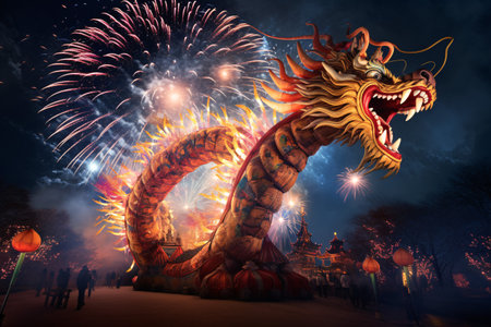The night sky was illuminated with a vibrant, dragon-themed pyrotechnic show for the holidays.の素材