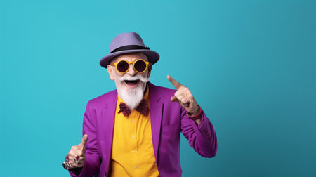 An amusing elderly pensioner sporting quirky attire is joyfully posed against a vivid backdrop.の素材