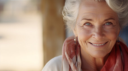 A beaming, radiant elderly lady with striking grey hair, blue eyes and an optimistic outlook is captured in a close-up shot.の素材
