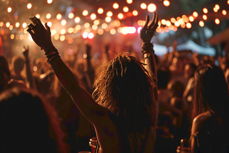A diverse group of youths are partying and raising their hands while enjoying drinks at a performance in their relaxed attire.の素材
