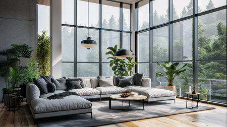 Brightly lit room with a charcoal couch, center table and large window.の素材