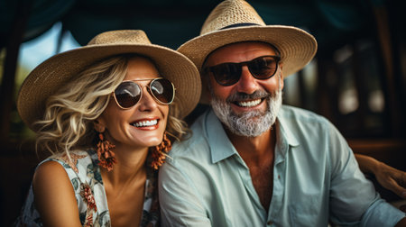 A joyous couple enjoying a boat trip in Bali for their retirement, with smiles and love on a luxurious yacht.の素材