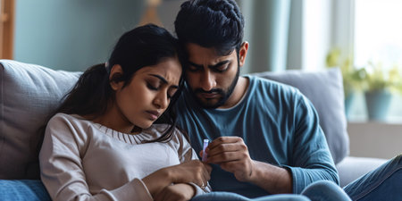 Fertility issues. Depressed South Asian couple looking at negative pregnancy test while sitting on sofa with caring spouse comforting upset partner in open area.の素材