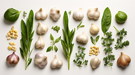 Garlic and herbs isolated on a pale backdrop, seen from above.の素材