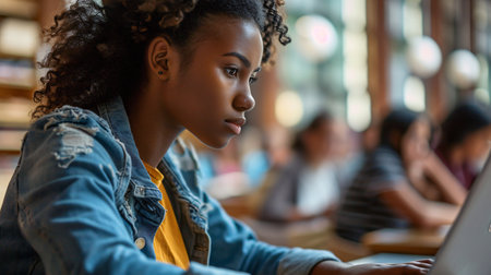 Gorgeous Multiracial African College Student Learning with Diverse Classmates. Youthful African-American Woman Utilizing a Portable Computer. Applying Her Expertise to Gain Academic Abilities in Class.の素材
