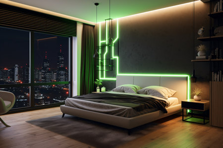 Sleek bedroom with vibrant neon lights. Interior design.の素材