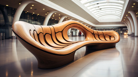 A contemporary arced wooden bench situated within the terminal entrance.の素材