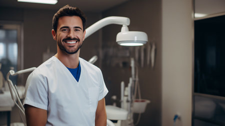 Smiling male dentist in dental office, portrait of self-assured young dental practitioner in his office.の素材