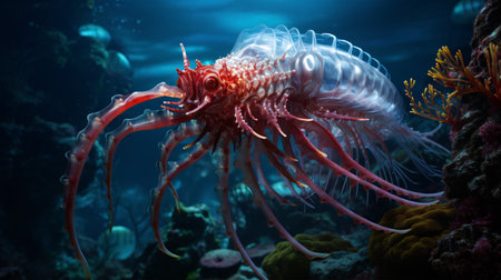 Explore the incredibly realistic depths of the ocean, witnessing the vibrant beauty and variety of sea life in a stunning digital artwork.の素材