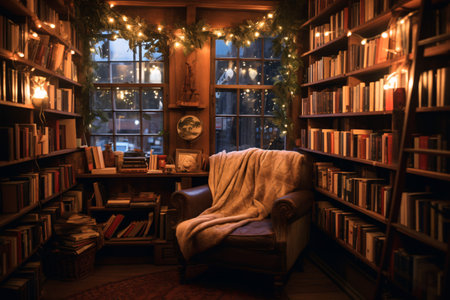 A delightful bookshop with ample shelves, a snug alcove, and soothing illumination.の素材