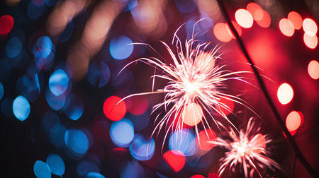 Shimmering red, white, and blue fireworks illuminate the evening sky in a festive display for a patriotic New Year's or Fourth of July celebration, with a shallow focus.の素材