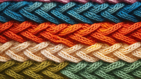 A close-up of a woolen plaid knitted with multiple yarns as a background for hobbies such as knitting or needlework.の素材