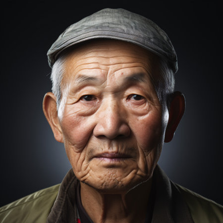 An aged Asian chap mulls and gazes into the lens in a studio up-close.の素材