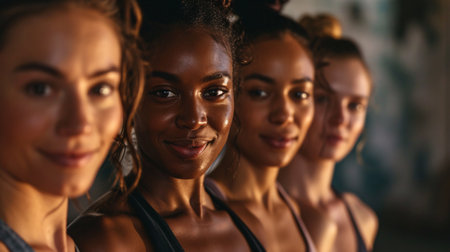 A group of young female athletes posing in a studio, donning fitness attire and showing their passion for exercising and a healthy way of living.の素材