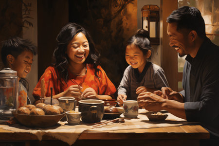 Home-based cultural traditions are depicted with a display of multi-ethnic beauty, including family reunions, customary cuisine, and ancestral customs.の素材