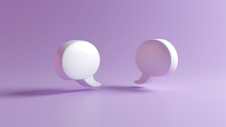 Set of 3D white chat bubble symbols on a violet backdrop.の素材