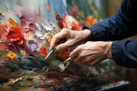 An artist is carefully daubing a picture, encapsulating imagination and articulation.の素材