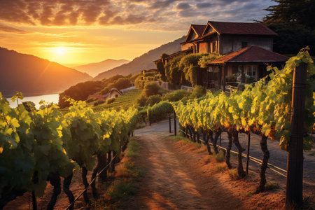 The tranquil sight of a vinery at sundown, lined with grapevines, a quaint winery, and the comforting radiance of the dusk.の素材