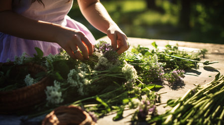 A lady gathers healing plants with a focused lens in the outdoors.の素材
