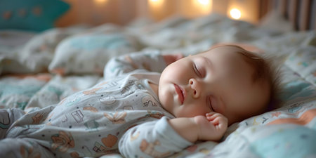 Infant slumbers in crib; family celebrates birthday with adorable child.の素材