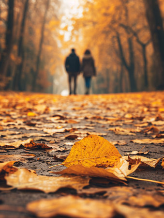 Snapshot of youthful pair strolling through park during fall season.の素材