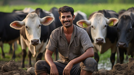 A beaming chap pictorially depicted in a pastoral countryside with confidence while tending to his content cows is farming.の素材