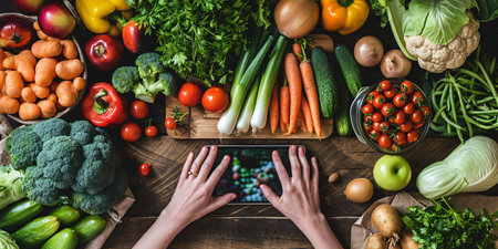A scenic view of a skilled nutritionist promoting a diverse selection of ripe produce while using a digital device, representing the importance of proper nourishment and well-being.の素材