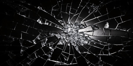 Fragmented shards of shattered glass in a distressed white and black overlay creating a grungy, abstract texture on a dark backdrop.の素材