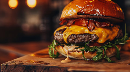 Savory Burger Sandwich topped with Melted Cheddar. Generative Aiの素材