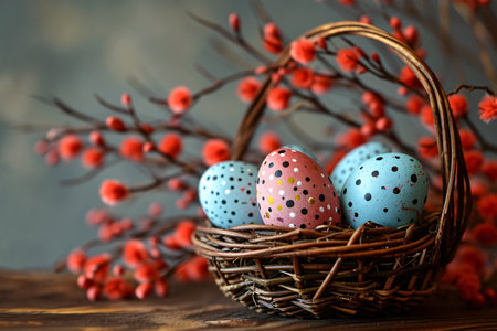 Festive Easter display featuring eggs in a basket and willow, perfect for a holiday card.の素材