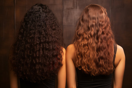 Woman's hair damaged by heat shown before and after keratin salon treatment on brown background.の素材