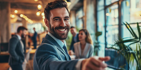 Portrait of executive greeting new team member to his corporate team and firm offering hand in contemporary workplace with coworkers in the backdrop.の素材