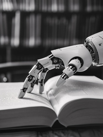 A robotic hand writing a novel. Robot with novel.の素材