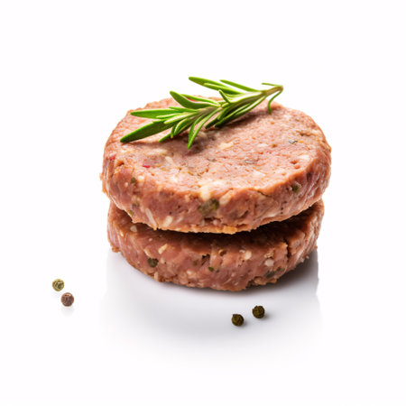 A veggie-based patty, with plant fats and proteins, on a white surface.の素材