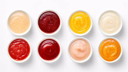 A delightful glob of ketchup in a white dish, among different sauce condiments, isolated against a white backdrop.の素材