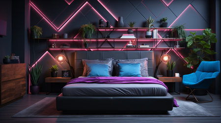 Modern bedroom adorned with neon lights. Interior design.の素材