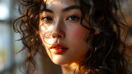 A stunning, youthful Asian woman with curly locks, Korean-inspired makeup, and flawless skin displays blank space on her hand against a neutral backdrop, showcasing her facial rejuvenation procedure and beauty.の素材