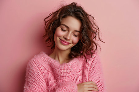 Self-love concept. Image of beautiful woman embracing herself with confidence, closing her eyes in delight, enjoying her new cozy blush sweater, and tilting her head while standing indoors.の素材