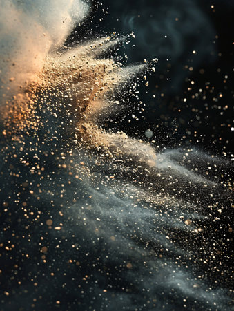 Organic debris moves through the atmosphere against a dark backdrop.の素材