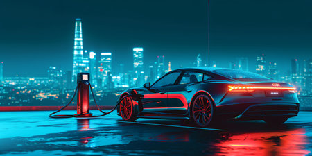 Eco-friendly green technology concept with futuristic hybrid EV car charging at a station against a blurred cityscape on a panoramic blue banner with energy icon illustration.の素材