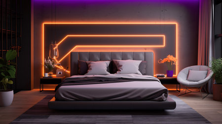 Chic bedroom with vibrant neon lights. Interior design.の素材