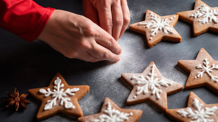 A woman is slicing star-shaped gingerbread cookies from rolled-out dough, with plenty of room for text.A female is slicing star-shaped gingernut biscuits from flattened dough, furnishing copious amounts of area for textの素材