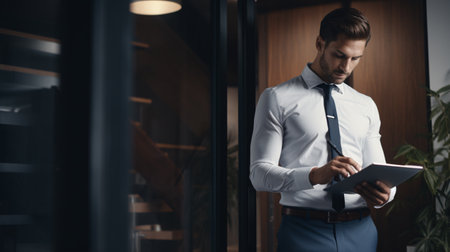 A comely, youthful entrepreneur bearing a clipboard strode into the office.の素材