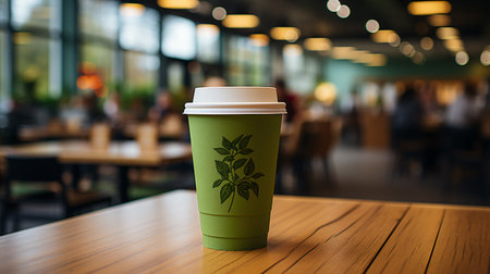 A reusable paper coffee cup within a cafe or motorway services is focused on in the picture.の素材