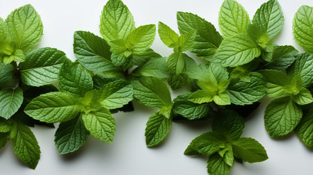 A top-view of minty, verdant leaves isolated on white with copy-space.の素材