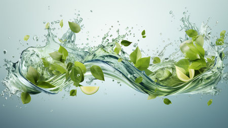 A realistic 3D flow motion of organic green tea leaves and splatters, with a fresh water beverage design, offers a natural, aromatic advertisement.の素材