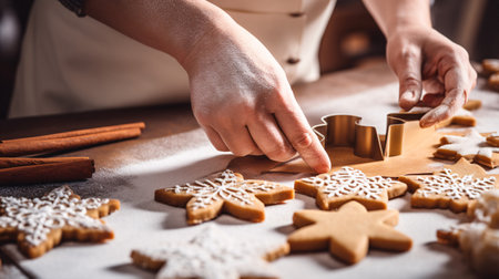 Feminine hands slice star-shaped gingery biscuits from a flattened batter, with empty space around.の素材