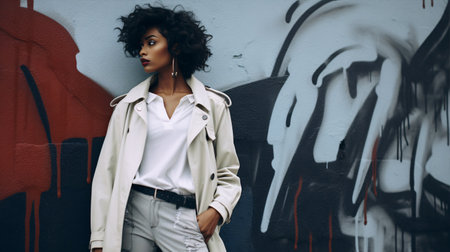A sophisticated fashionista is featured in a duo-hued atmosphere, posing in front of a graffiti-strewn wall for an effortlessly chic look.の素材